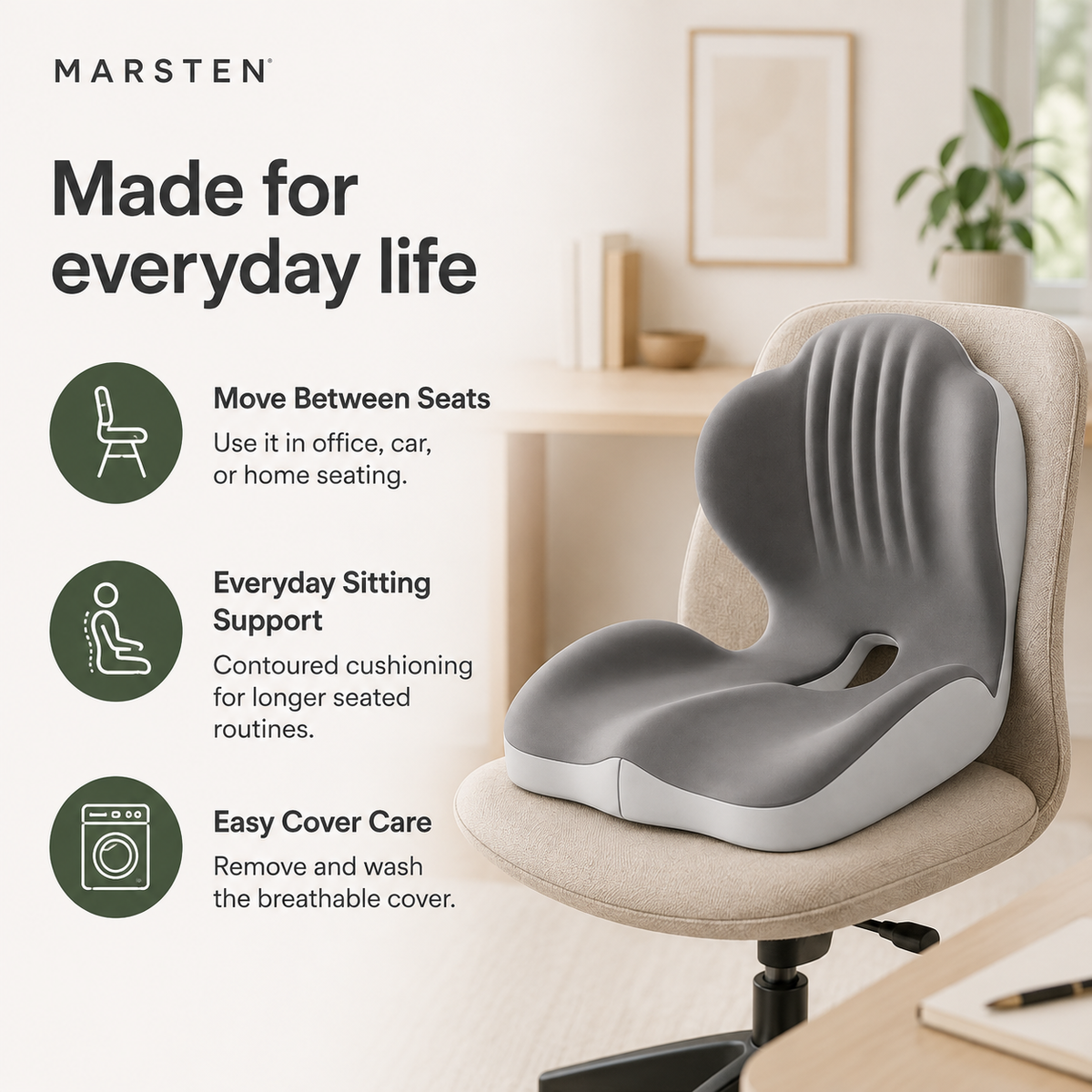 Ergonomic Memory Foam Seat Cushion with Integrated Lumbar Back Support for Office Chairs, Cars & Wheelchairs