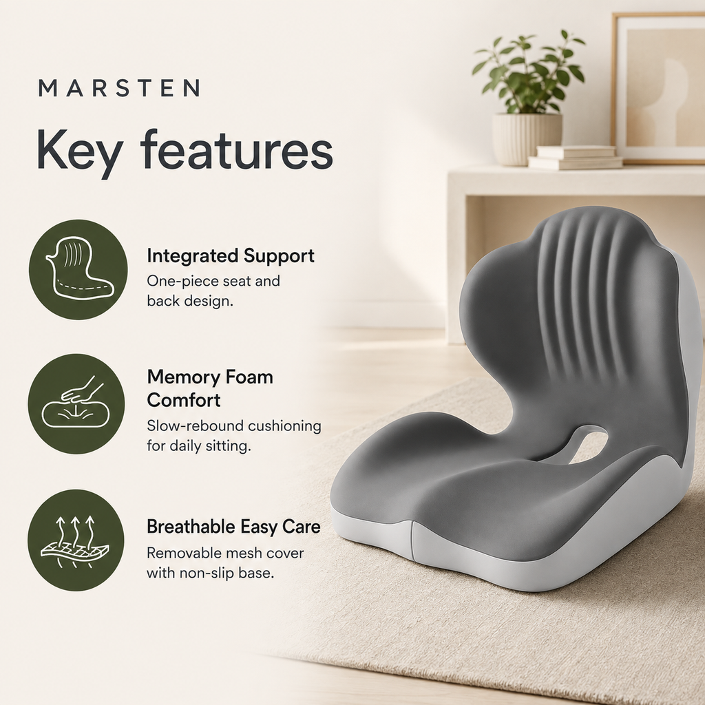 Ergonomic Memory Foam Seat Cushion with Integrated Lumbar Back Support for Office Chairs, Cars & Wheelchairs