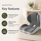 Ergonomic Memory Foam Seat Cushion with Integrated Lumbar Back Support for Office Chairs, Cars & Wheelchairs