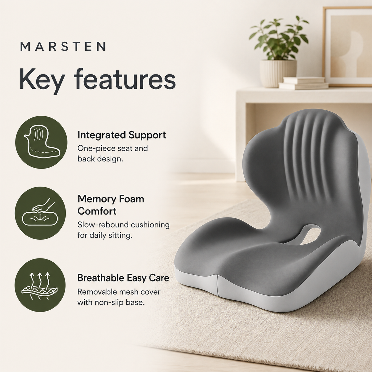 Ergonomic Memory Foam Seat Cushion with Integrated Lumbar Back Support for Office Chairs, Cars & Wheelchairs