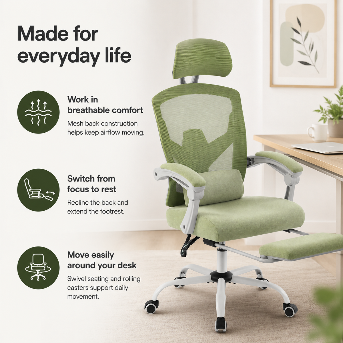 Ergonomic Mesh Office Chair with Retractable Footrest, 135° Recline, Adjustable Headrest & Lumbar Support