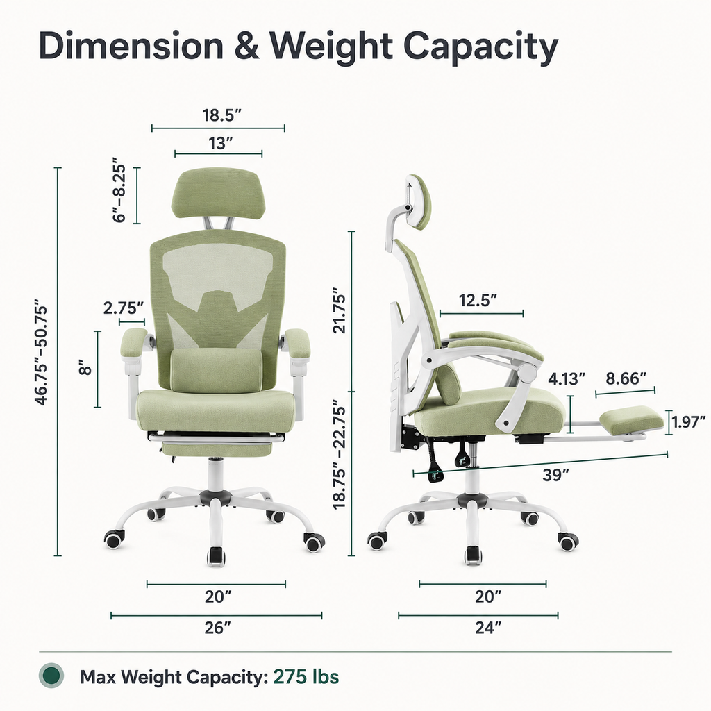 Ergonomic Mesh Office Chair with Retractable Footrest, 135° Recline, Adjustable Headrest & Lumbar Support