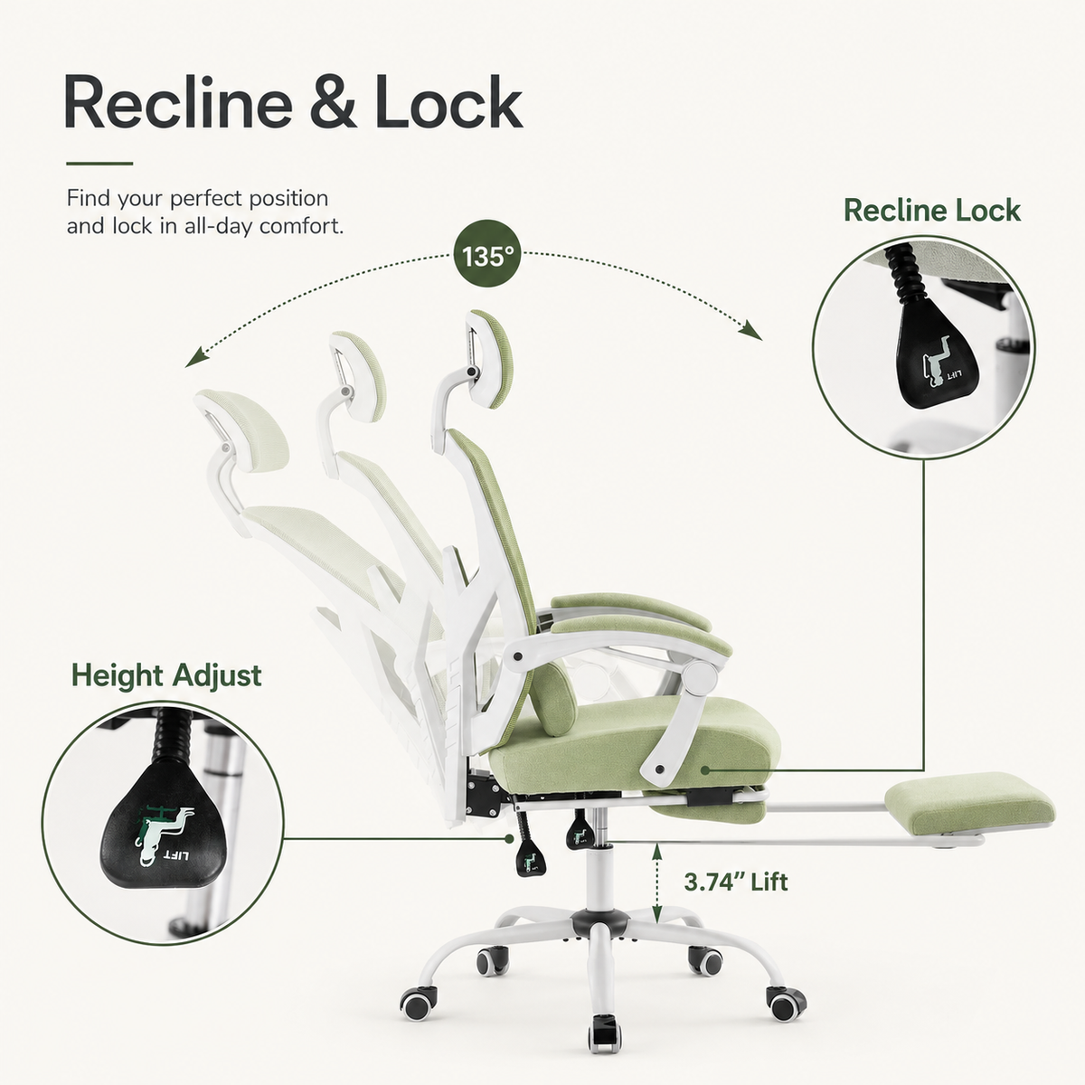 Ergonomic Mesh Office Chair with Retractable Footrest, 135° Recline, Adjustable Headrest & Lumbar Support