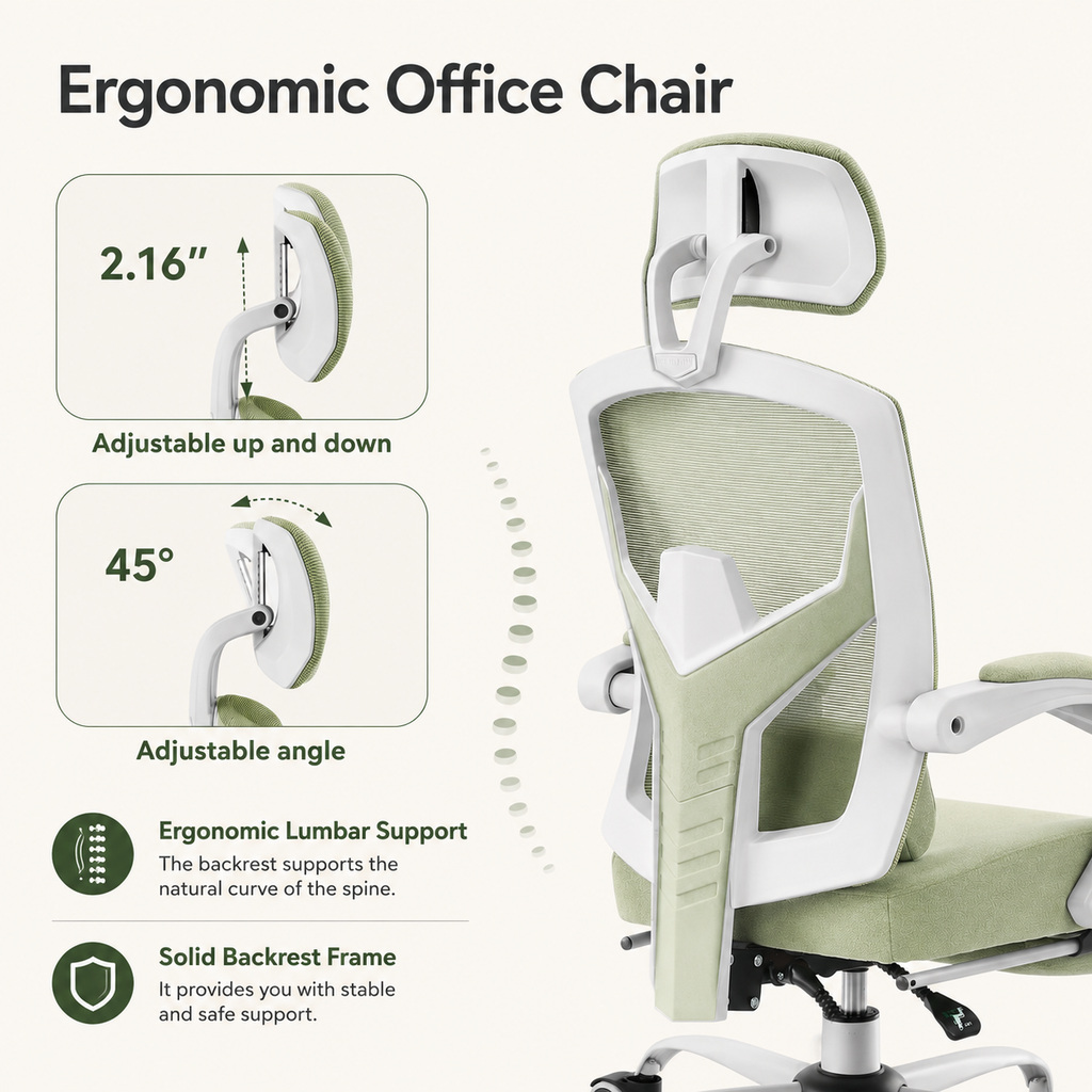 Ergonomic Mesh Office Chair with Retractable Footrest, 135° Recline, Adjustable Headrest & Lumbar Support