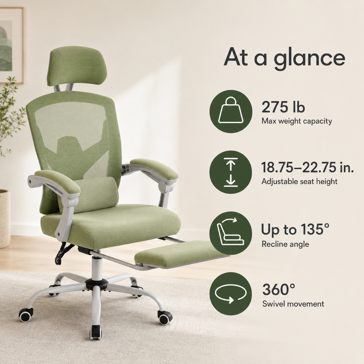 Ergonomic Mesh Office Chair with Retractable Footrest, 135° Recline, Adjustable Headrest & Lumbar Support
