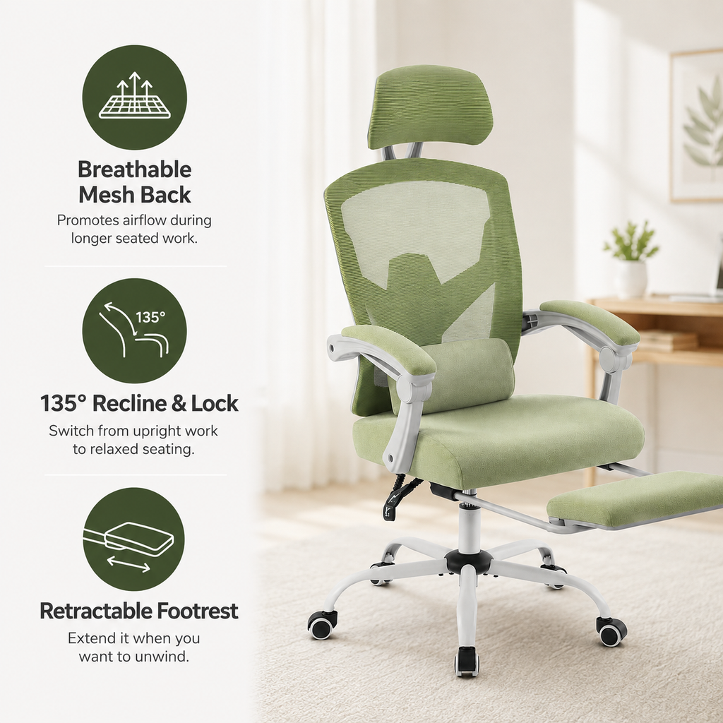 Ergonomic Mesh Office Chair with Retractable Footrest, 135° Recline, Adjustable Headrest & Lumbar Support