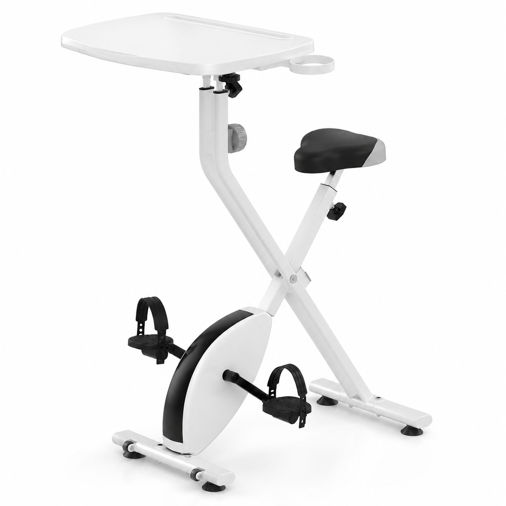 Exercise Bike Desk with Adjustable Laptop Tray, 8-Level Quiet Magnetic Resistance, Foldable Frame, Tablet Slot & Cup Holder