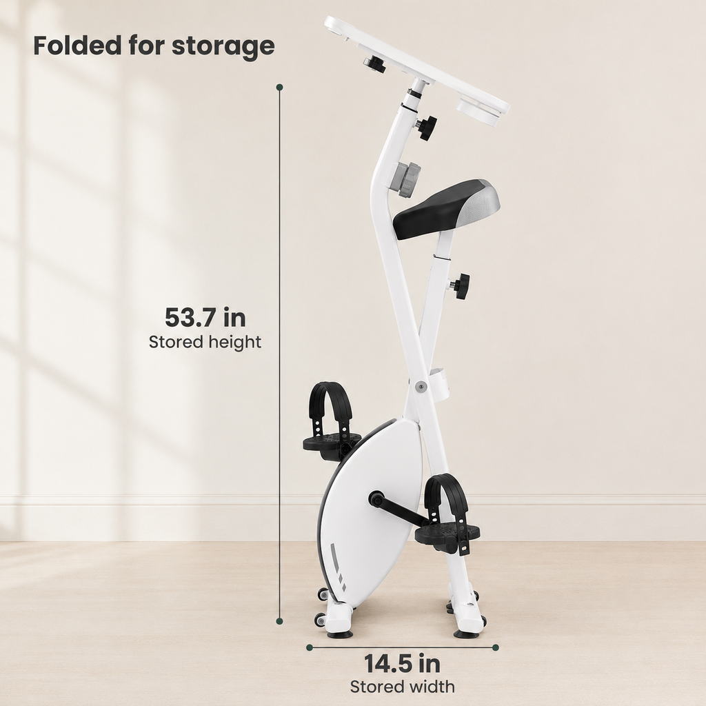Exercise Bike Desk with Adjustable Laptop Tray, 8-Level Quiet Magnetic Resistance, Foldable Frame, Tablet Slot & Cup Holder