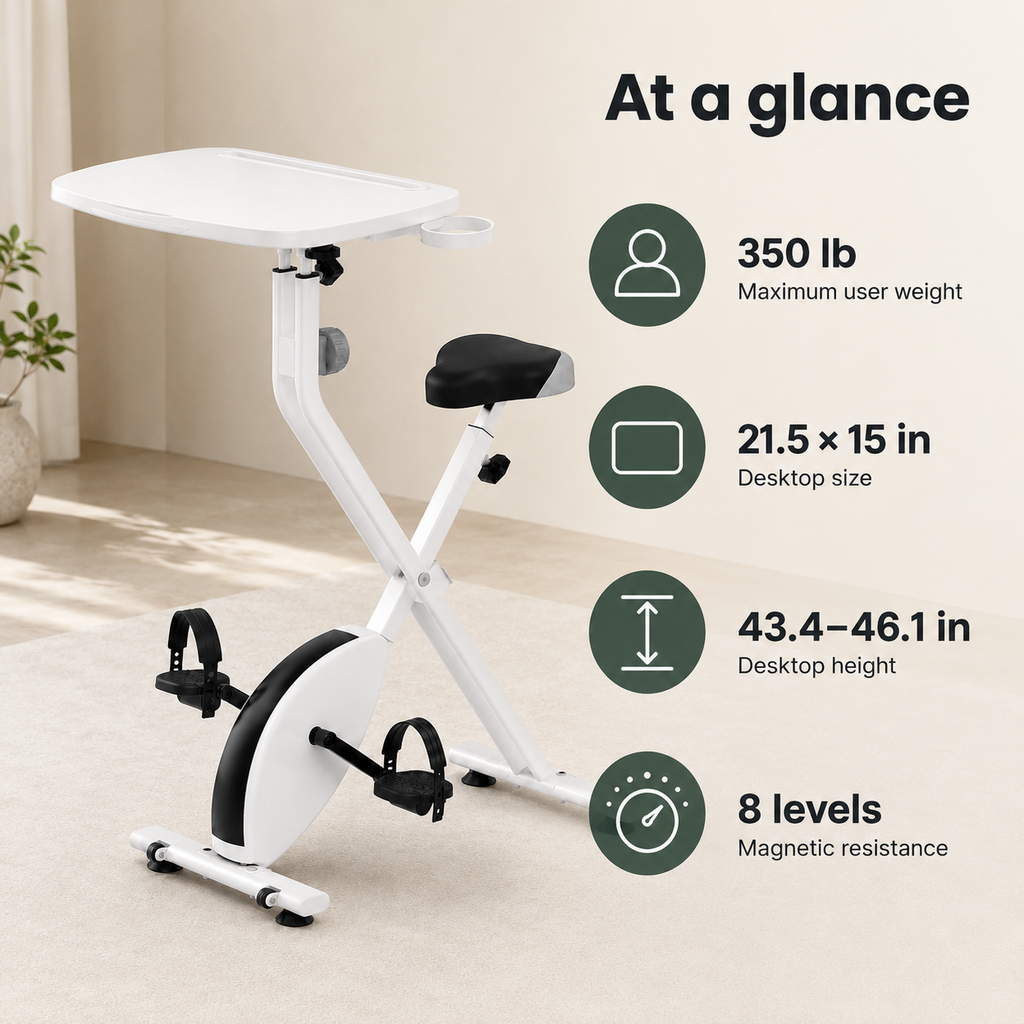Exercise Bike Desk with Adjustable Laptop Tray, 8-Level Quiet Magnetic Resistance, Foldable Frame, Tablet Slot & Cup Holder