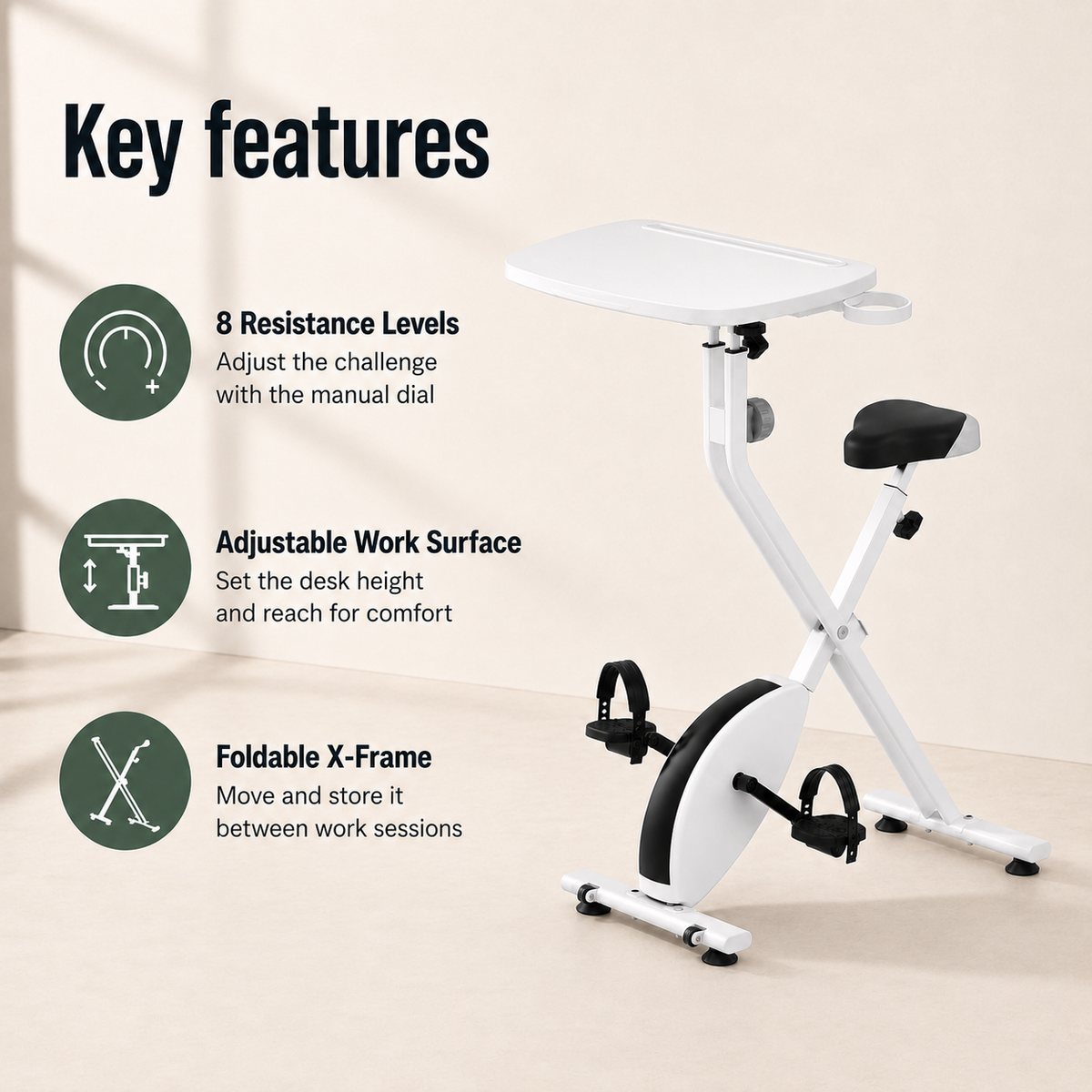 Exercise Bike Desk with Adjustable Laptop Tray, 8-Level Quiet Magnetic Resistance, Foldable Frame, Tablet Slot & Cup Holder