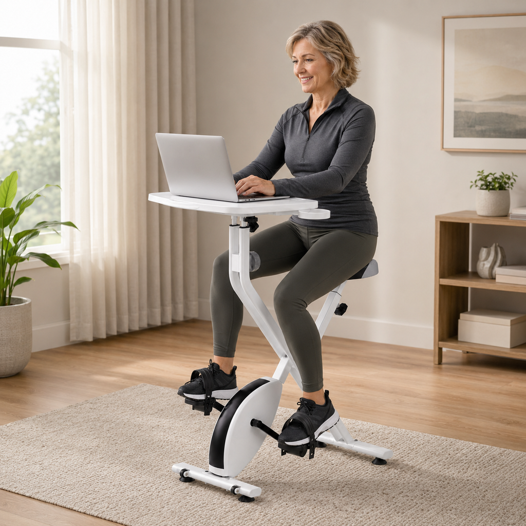 Exercise Bike Desk with Adjustable Laptop Tray, 8-Level Quiet Magnetic Resistance, Foldable Frame, Tablet Slot & Cup Holder