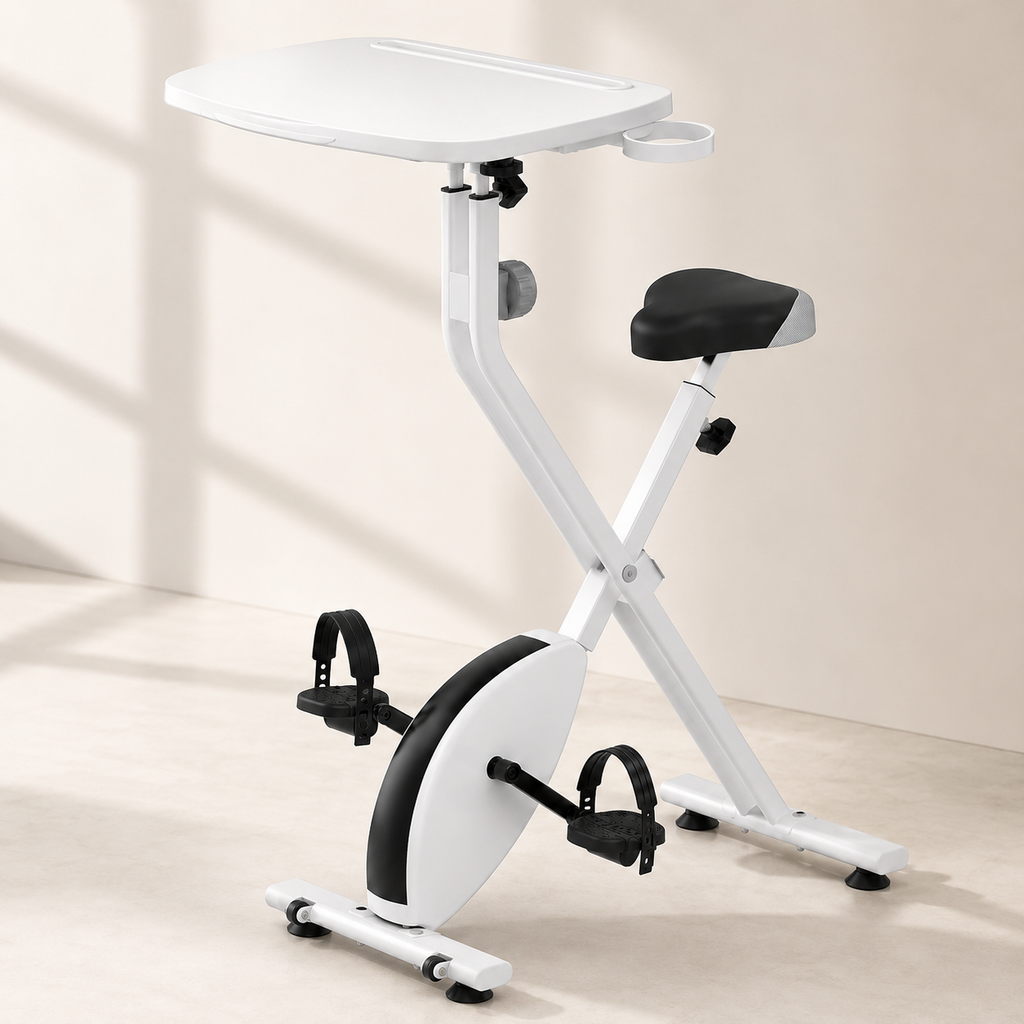 Exercise Bike Desk with Adjustable Laptop Tray, 8-Level Quiet Magnetic Resistance, Foldable Frame, Tablet Slot & Cup Holder