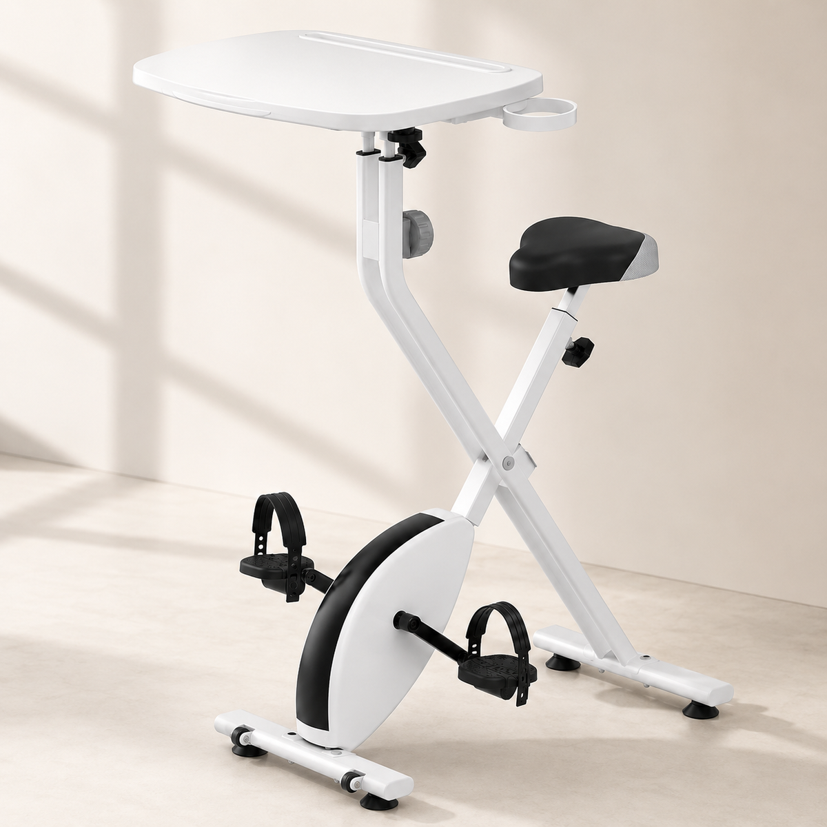 Exercise Bike Desk with Adjustable Laptop Tray, 8-Level Quiet Magnetic Resistance, Foldable Frame, Tablet Slot & Cup Holder