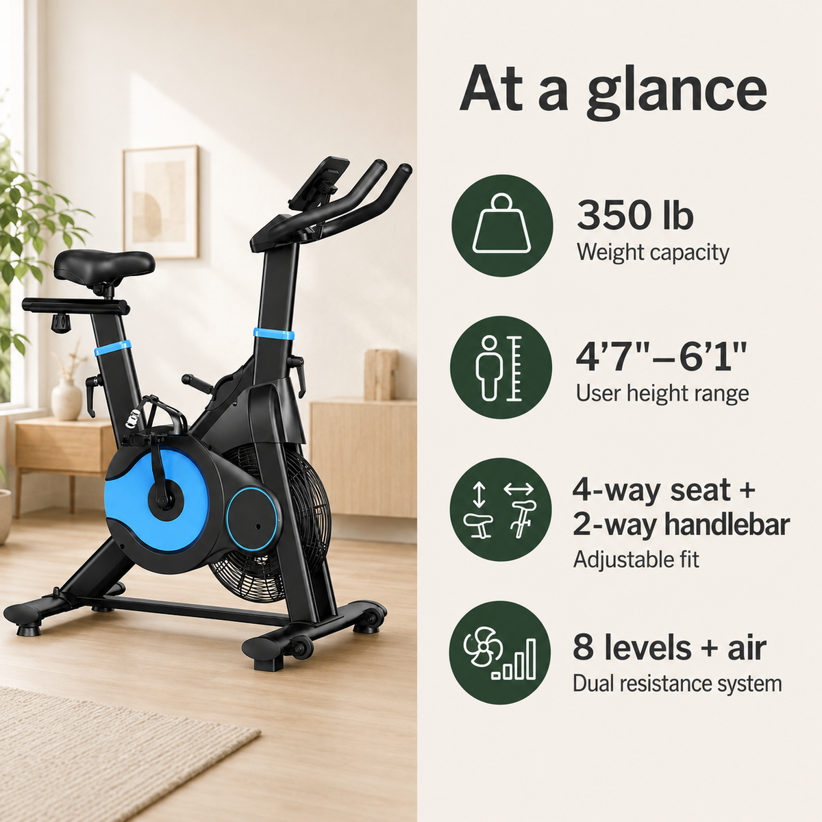 Exercise Bike with Magnetic & Air Resistance, Silent Belt Drive, App Connectivity, LCD Monitor & 350 lb Capacity