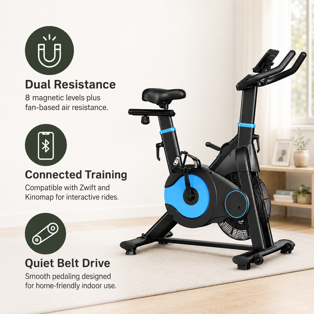 Exercise Bike with Magnetic & Air Resistance, Silent Belt Drive, App Connectivity, LCD Monitor & 350 lb Capacity