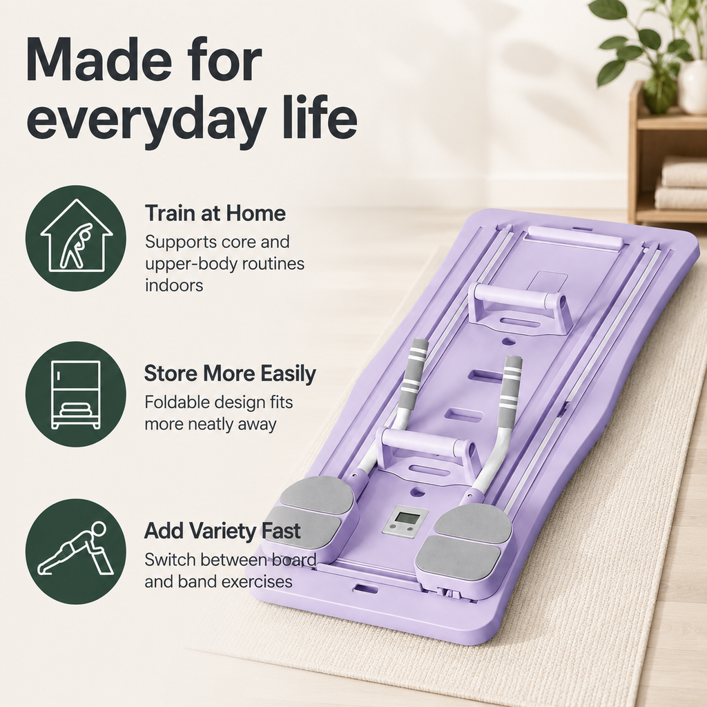Foldable Ab Workout Board with Auto-Rebound Sliding Tracks, Resistance Bands, Push-Up Handles & Digital Timer