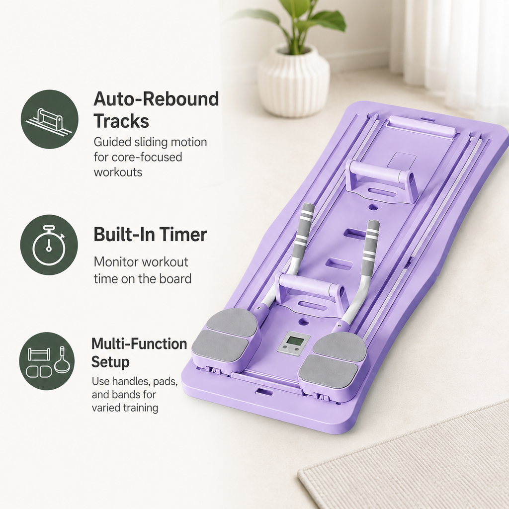 Foldable Ab Workout Board with Auto-Rebound Sliding Tracks, Resistance Bands, Push-Up Handles & Digital Timer