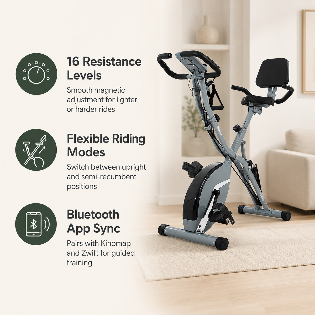 Foldable Exercise Bike with Backrest, 16-Level Magnetic Resistance, Bluetooth Apps, 5-in-1 Training & 350 lb Capacity