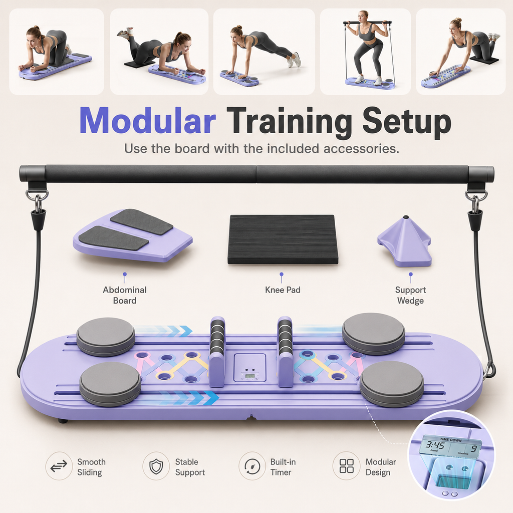Foldable Pilates Board 15-in-1 Workout System with Resistance Bands, Push-Up Handles & Built-In Timer