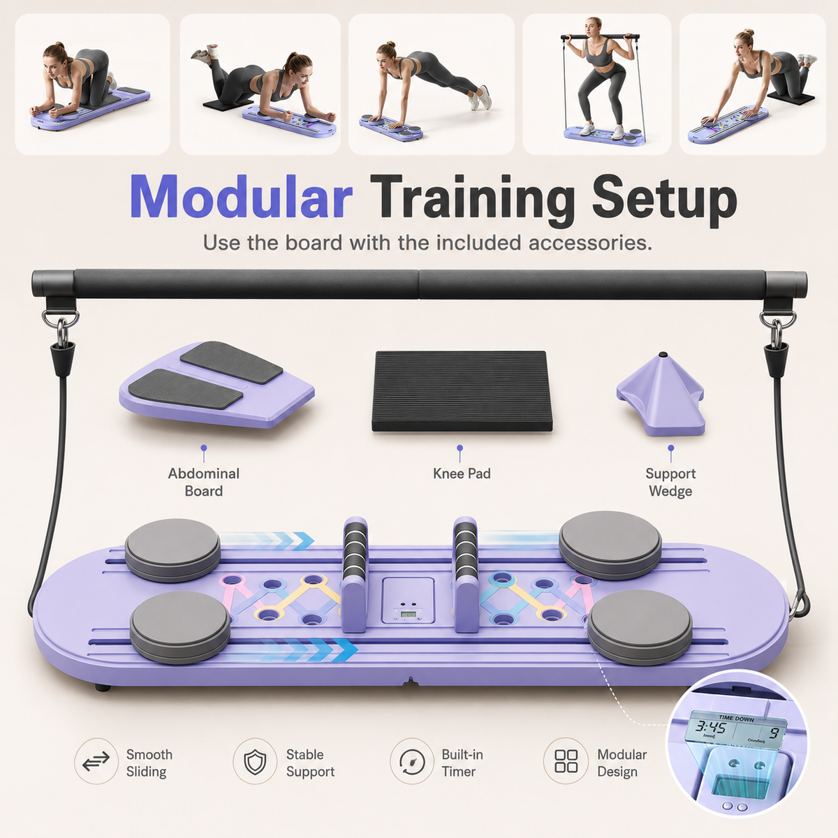 Foldable Pilates Board 15-in-1 Workout System with Resistance Bands, Push-Up Handles & Built-In Timer