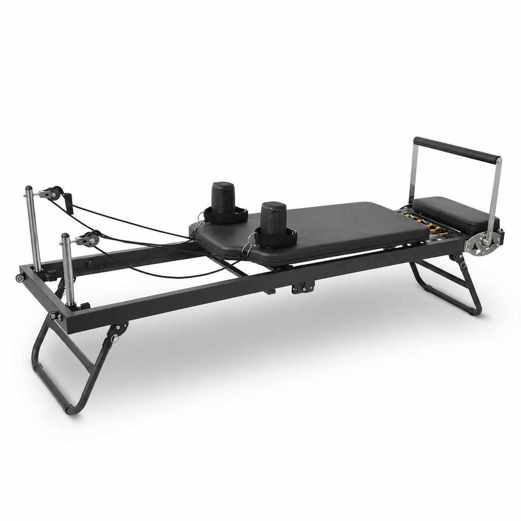 Foldable Pilates Reformer Machine with 5-Spring Resistance, Pulley Straps & Adjustable Foot Bar for Home Workouts