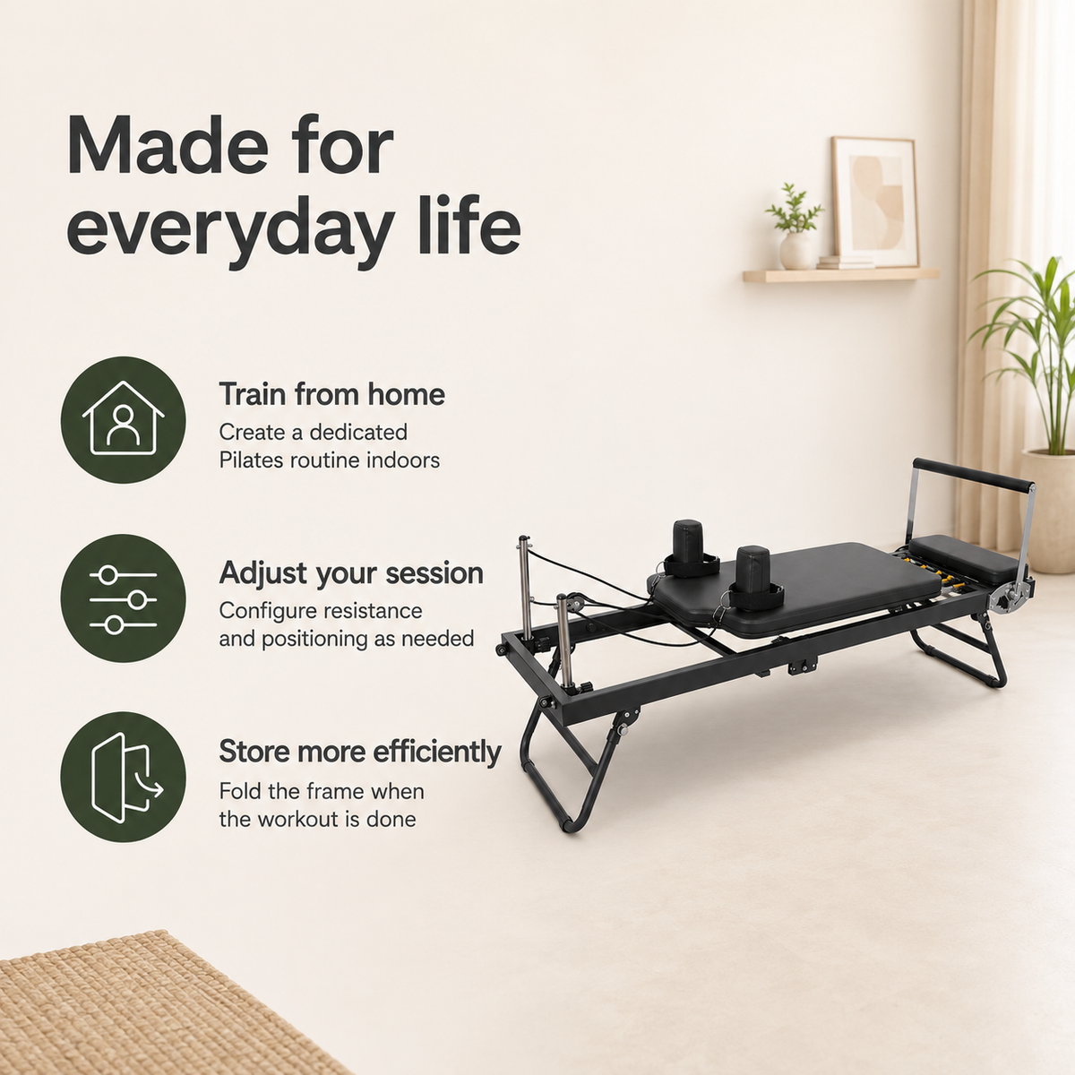 Foldable Pilates Reformer Machine with 5-Spring Resistance, Pulley Straps & Adjustable Foot Bar for Home Workouts