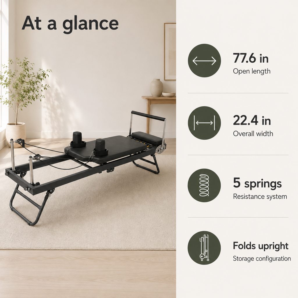 Foldable Pilates Reformer Machine with 5-Spring Resistance, Pulley Straps & Adjustable Foot Bar for Home Workouts