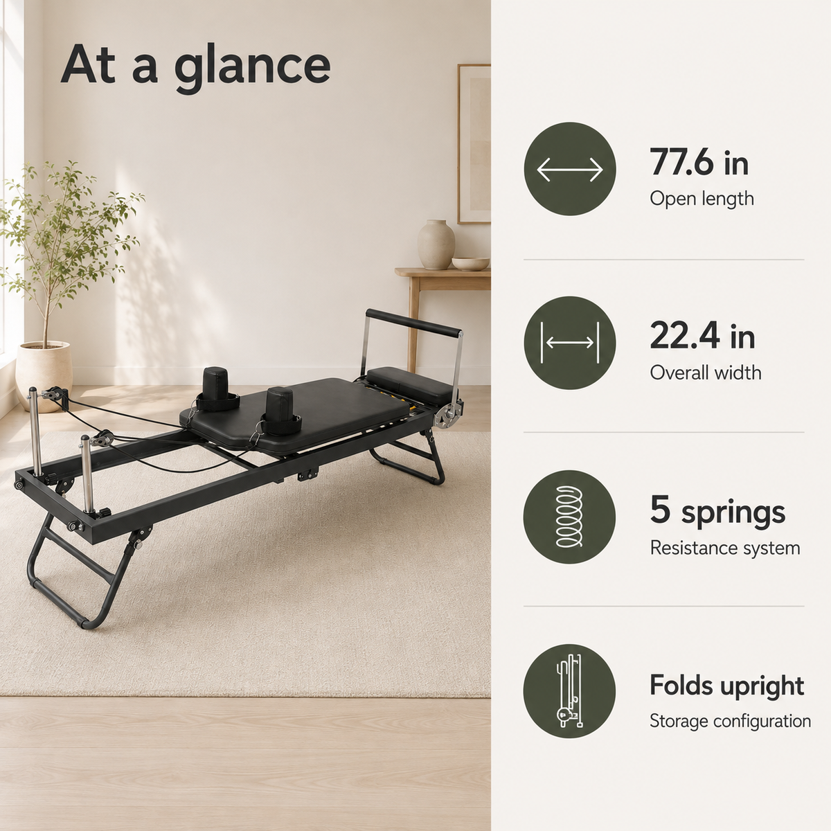 Foldable Pilates Reformer Machine with 5-Spring Resistance, Pulley Straps & Adjustable Foot Bar for Home Workouts