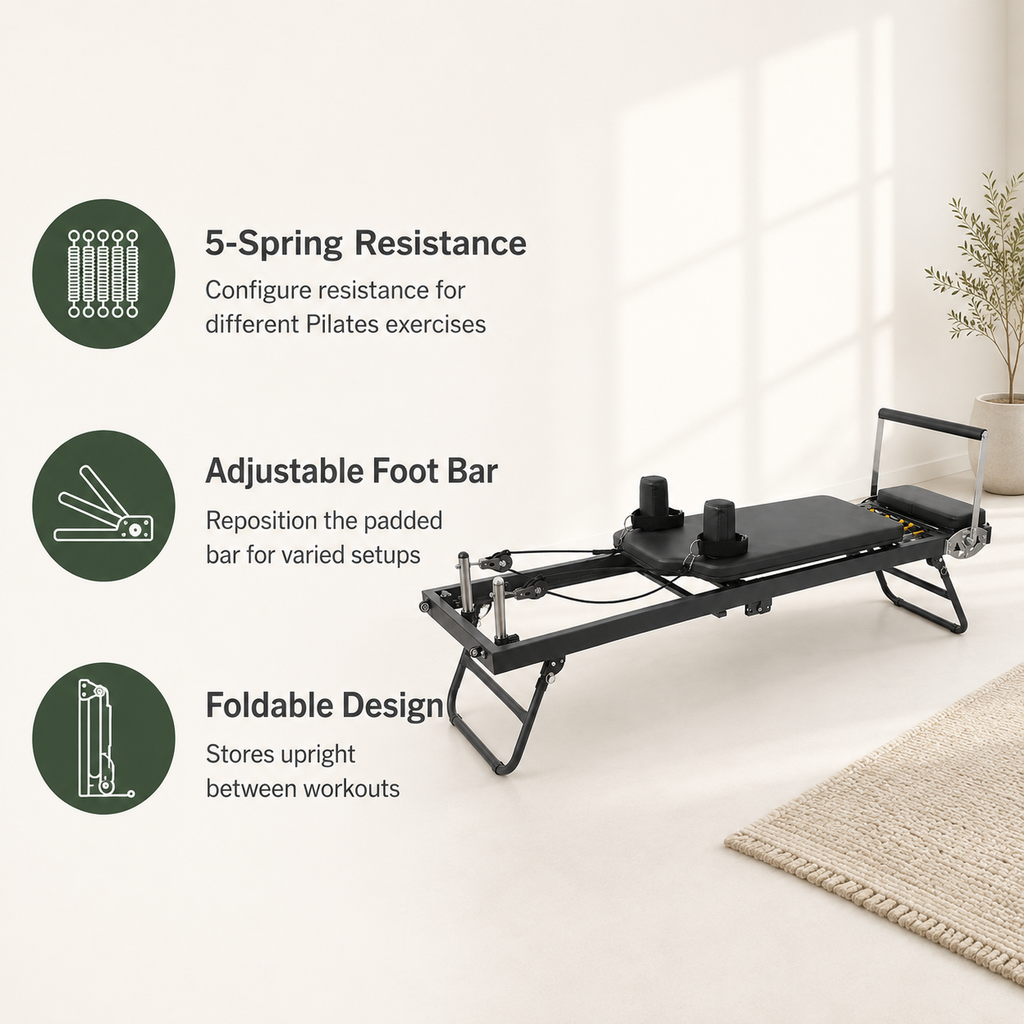 Foldable Pilates Reformer Machine with 5-Spring Resistance, Pulley Straps & Adjustable Foot Bar for Home Workouts
