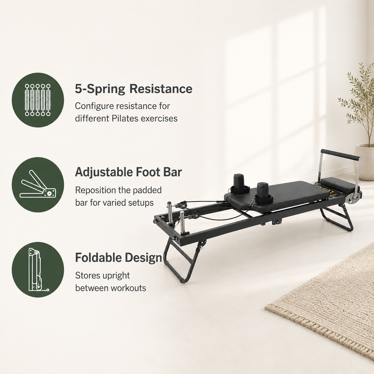 Foldable Pilates Reformer Machine with 5-Spring Resistance, Pulley Straps & Adjustable Foot Bar for Home Workouts