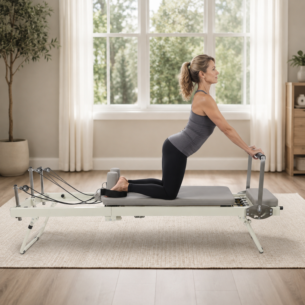 Foldable Pilates Reformer Machine with 5-Spring Resistance, Pulley Straps & Adjustable Foot Bar for Home Workouts