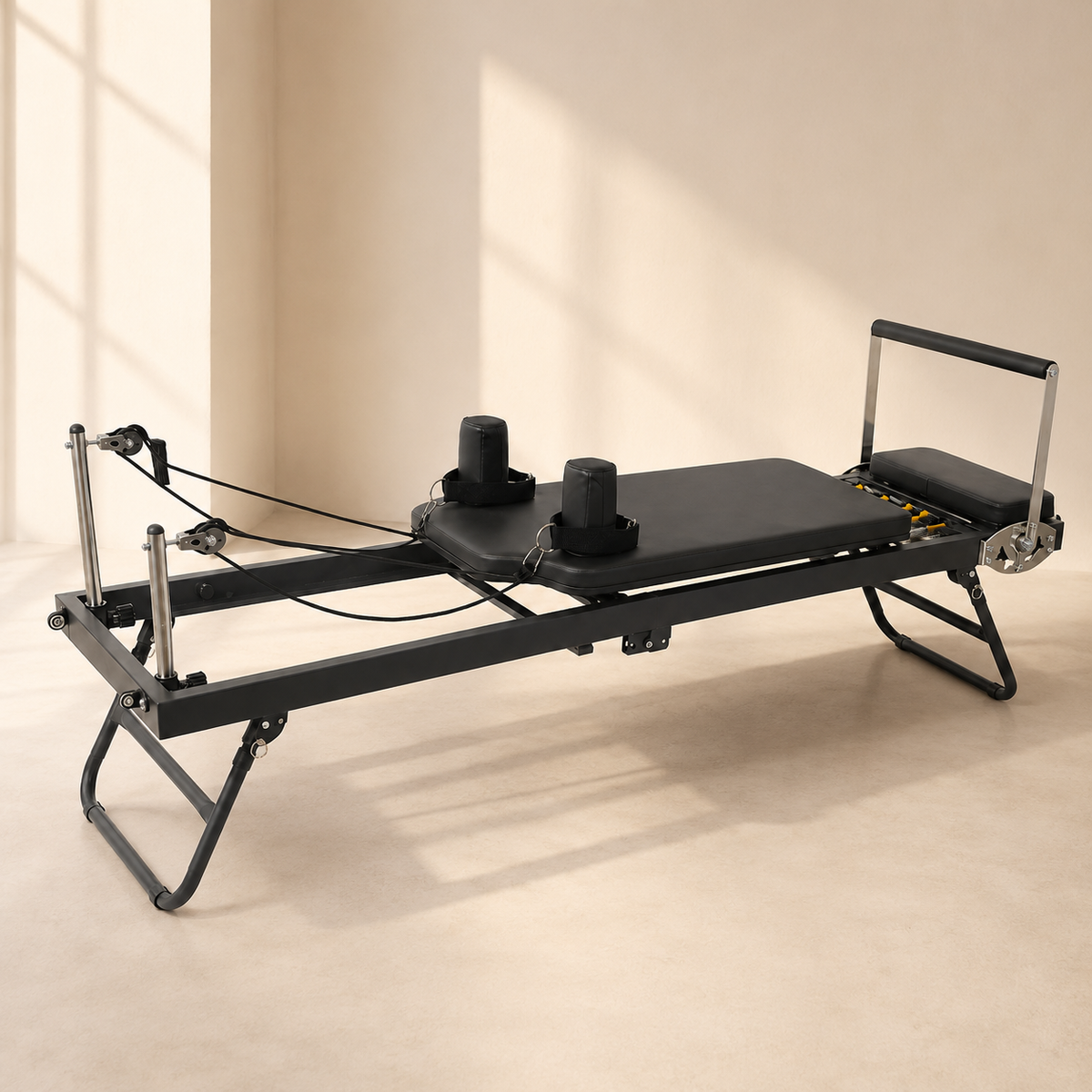 Foldable Pilates Reformer Machine with 5-Spring Resistance, Pulley Straps & Adjustable Foot Bar for Home Workouts