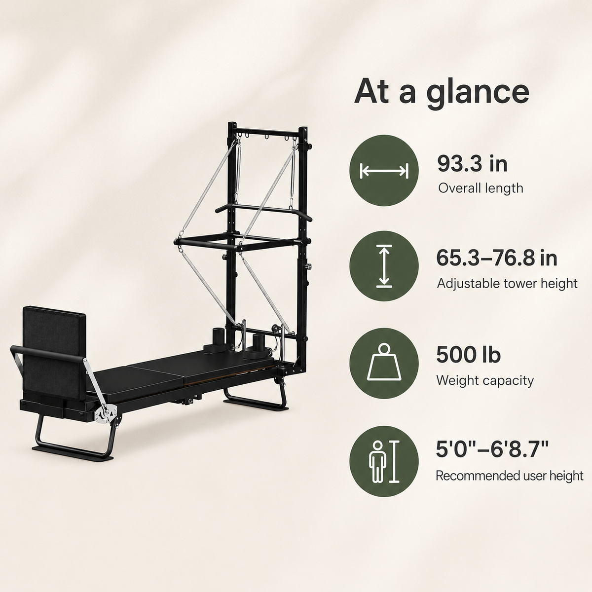 Foldable Pilates Reformer with Tower, 93-Inch Frame, Jump Board & Mat, 500 lb Capacity for Home Studio