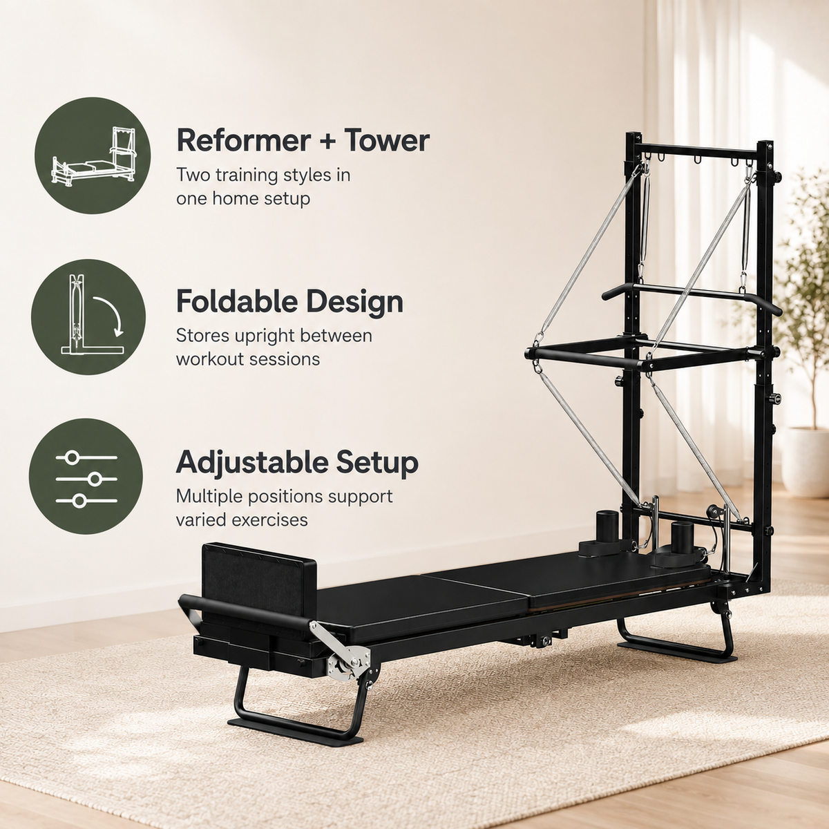 Foldable Pilates Reformer with Tower, 93-Inch Frame, Jump Board & Mat, 500 lb Capacity for Home Studio