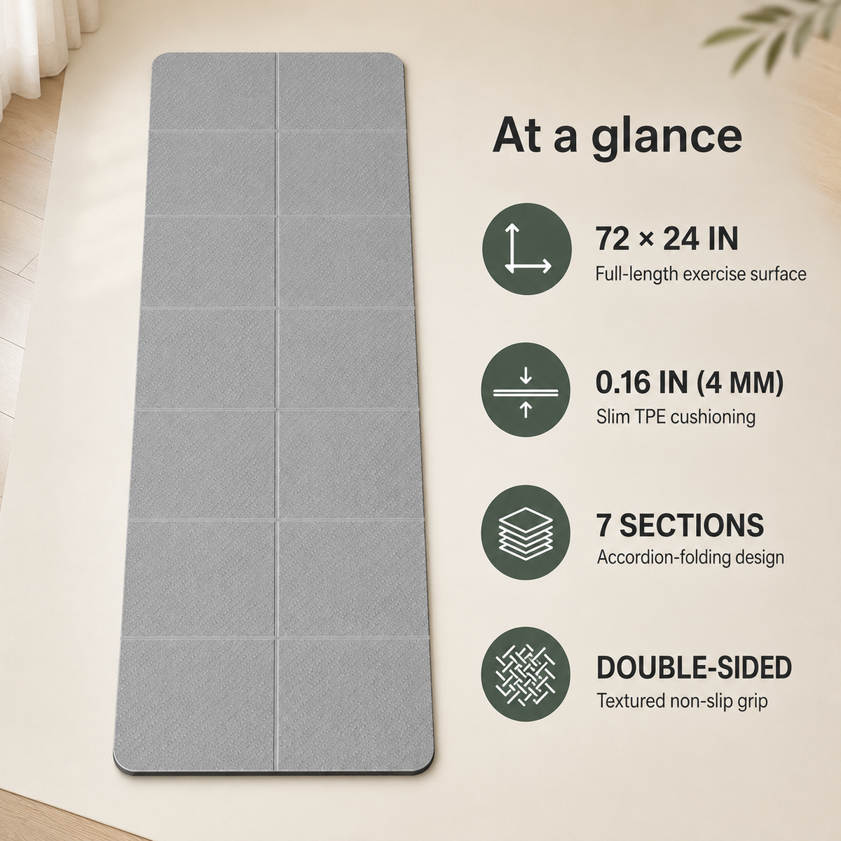 Foldable TPE Yoga Mat with Non-Slip Surface, 72 x 24 in Exercise Mat for Yoga and Pilates