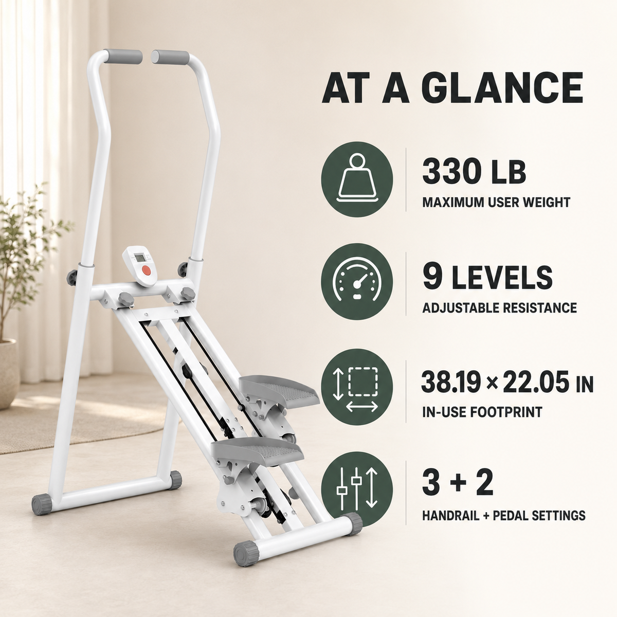 Foldable Vertical Stair Stepper with 9 Resistance Levels, Adjustable Handrails, LCD Monitor and 330 lb Capacity