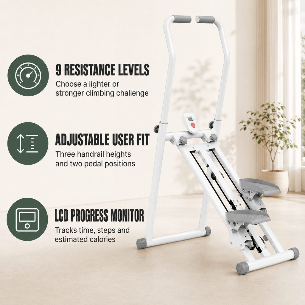 Foldable Vertical Stair Stepper with 9 Resistance Levels, Adjustable Handrails, LCD Monitor and 330 lb Capacity