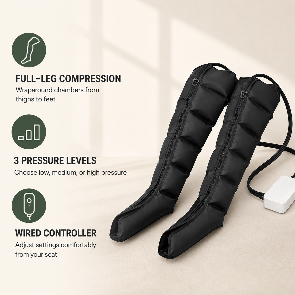 Full-Leg Air Compression Massager for Thighs, Calves and Feet with 3 Pressure Levels and Wired Controller