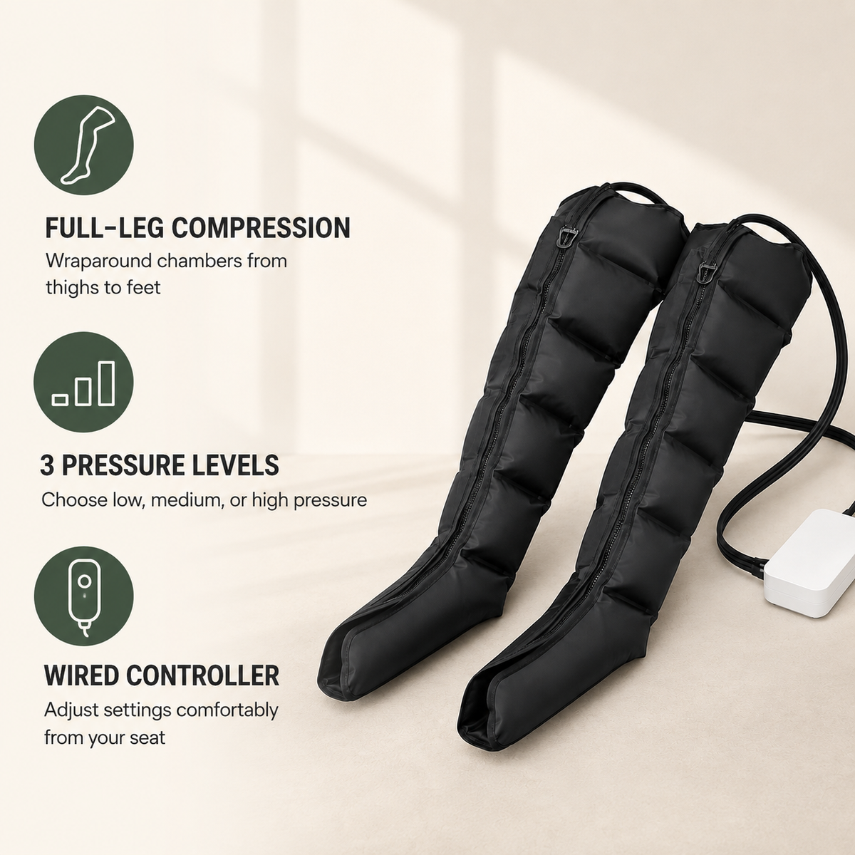 Full-Leg Air Compression Massager for Thighs, Calves and Feet with 3 Pressure Levels and Wired Controller