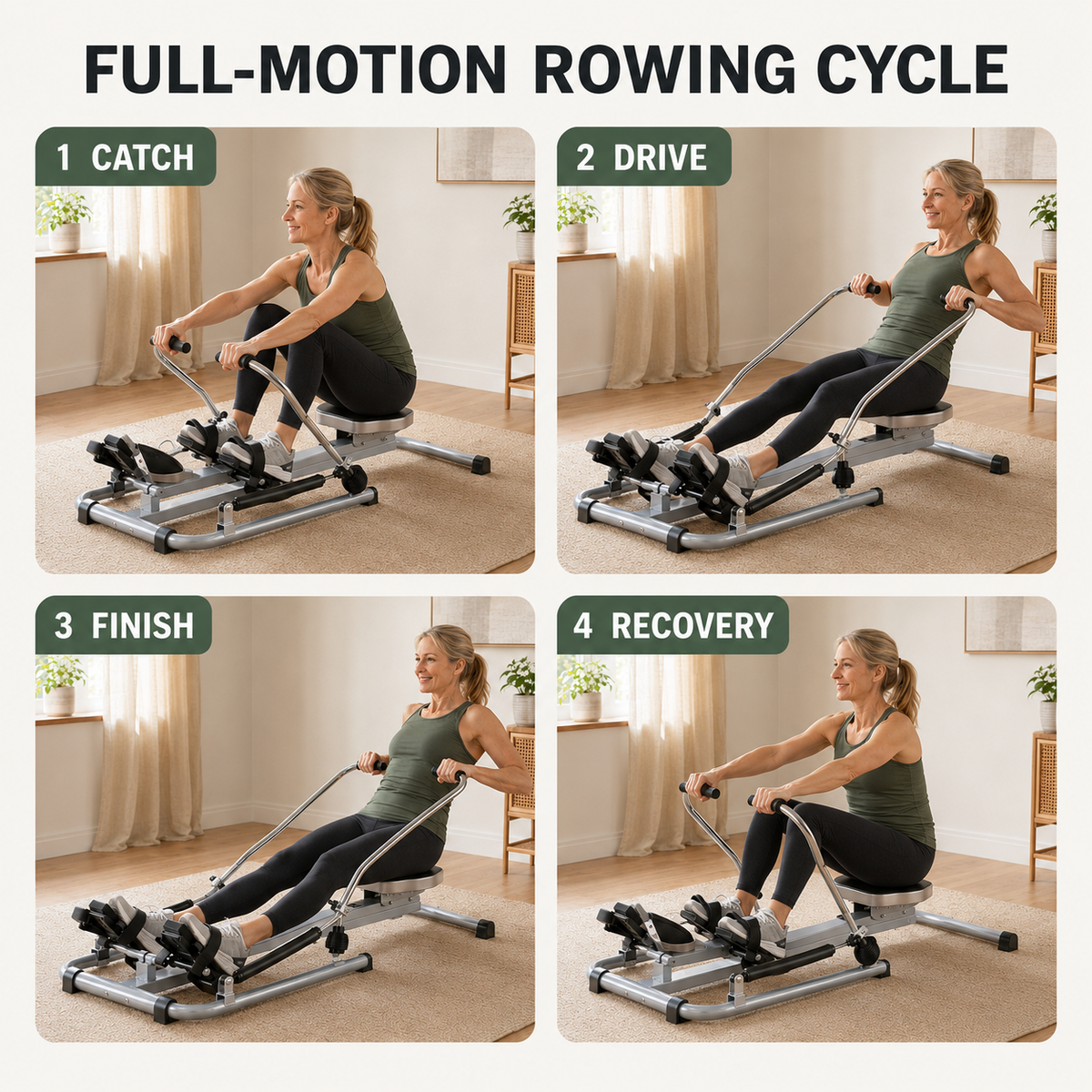 Full-Motion Hydraulic Rowing Machine with LCD Monitor, Adjustable Resistance up to 110 lb and 265 lb Capacity