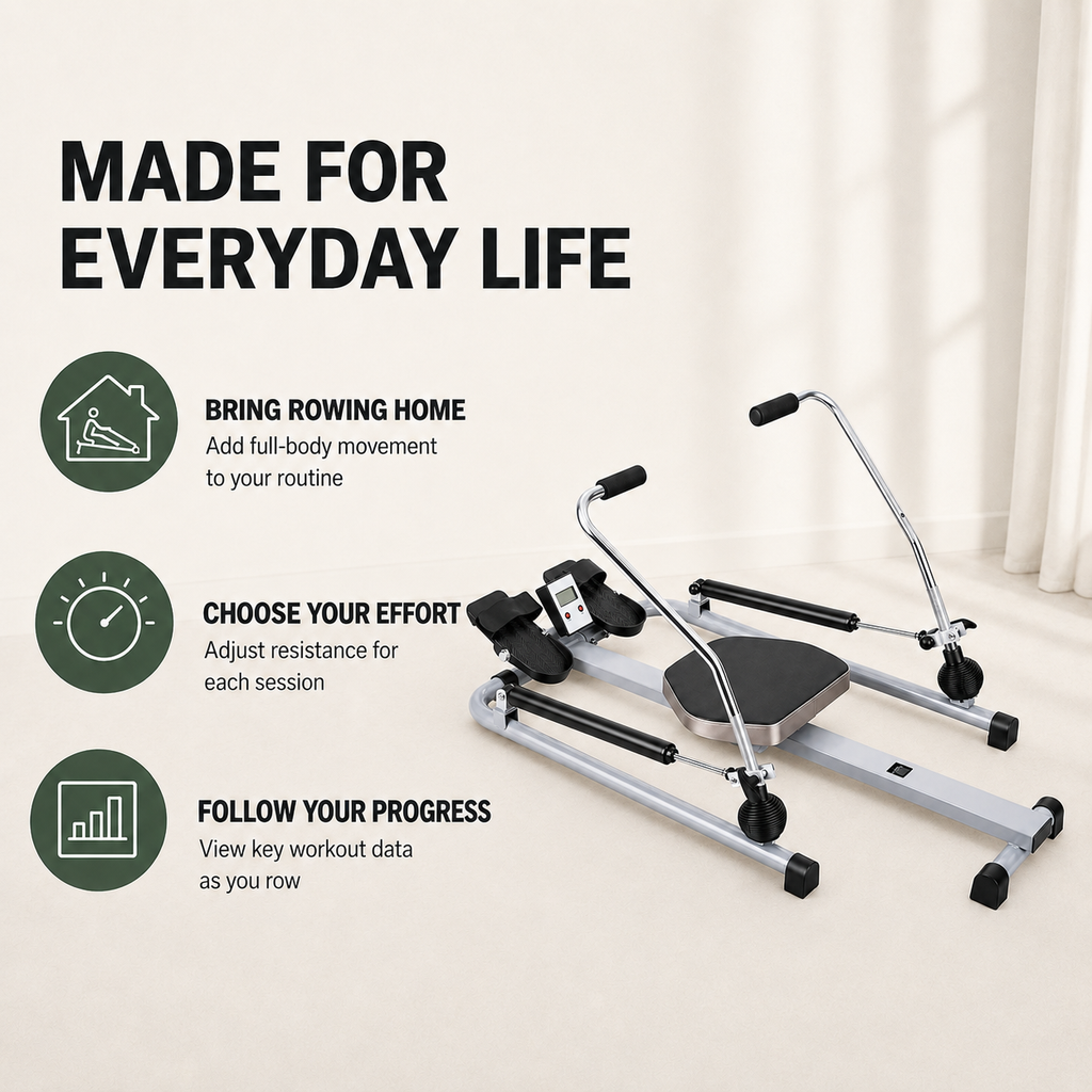 Full-Motion Hydraulic Rowing Machine with LCD Monitor, Adjustable Resistance up to 110 lb and 265 lb Capacity