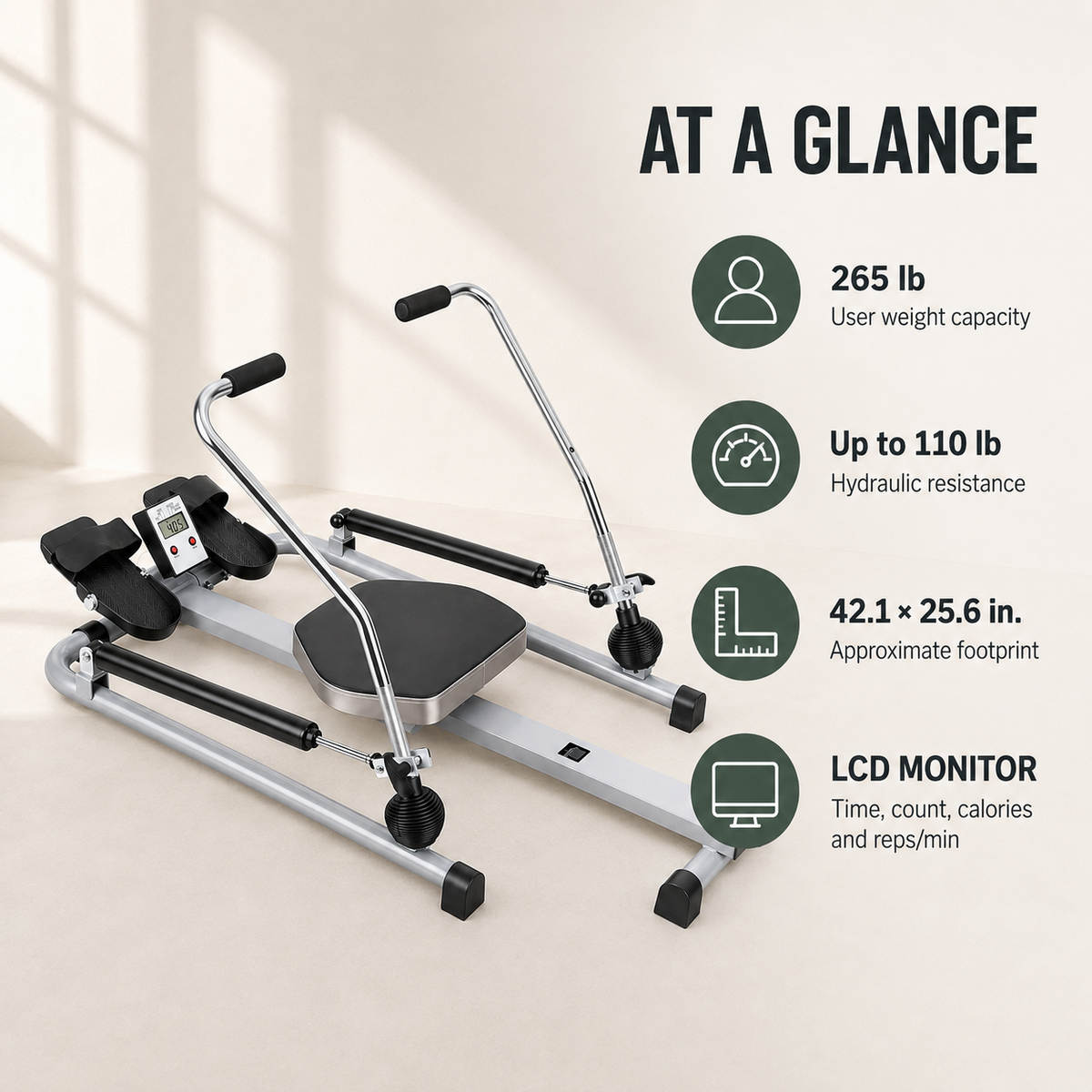 Full-Motion Hydraulic Rowing Machine with LCD Monitor, Adjustable Resistance up to 110 lb and 265 lb Capacity