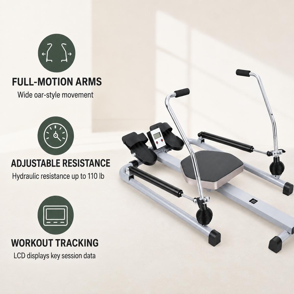 Full-Motion Hydraulic Rowing Machine with LCD Monitor, Adjustable Resistance up to 110 lb and 265 lb Capacity