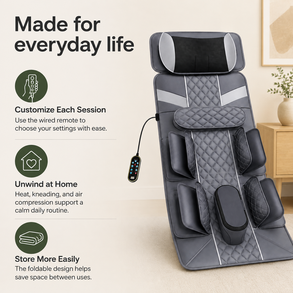 Full Body Massage Mat with Air Compression Stretching, Neck Kneading, Heat, Vibration & Wired Remote Control