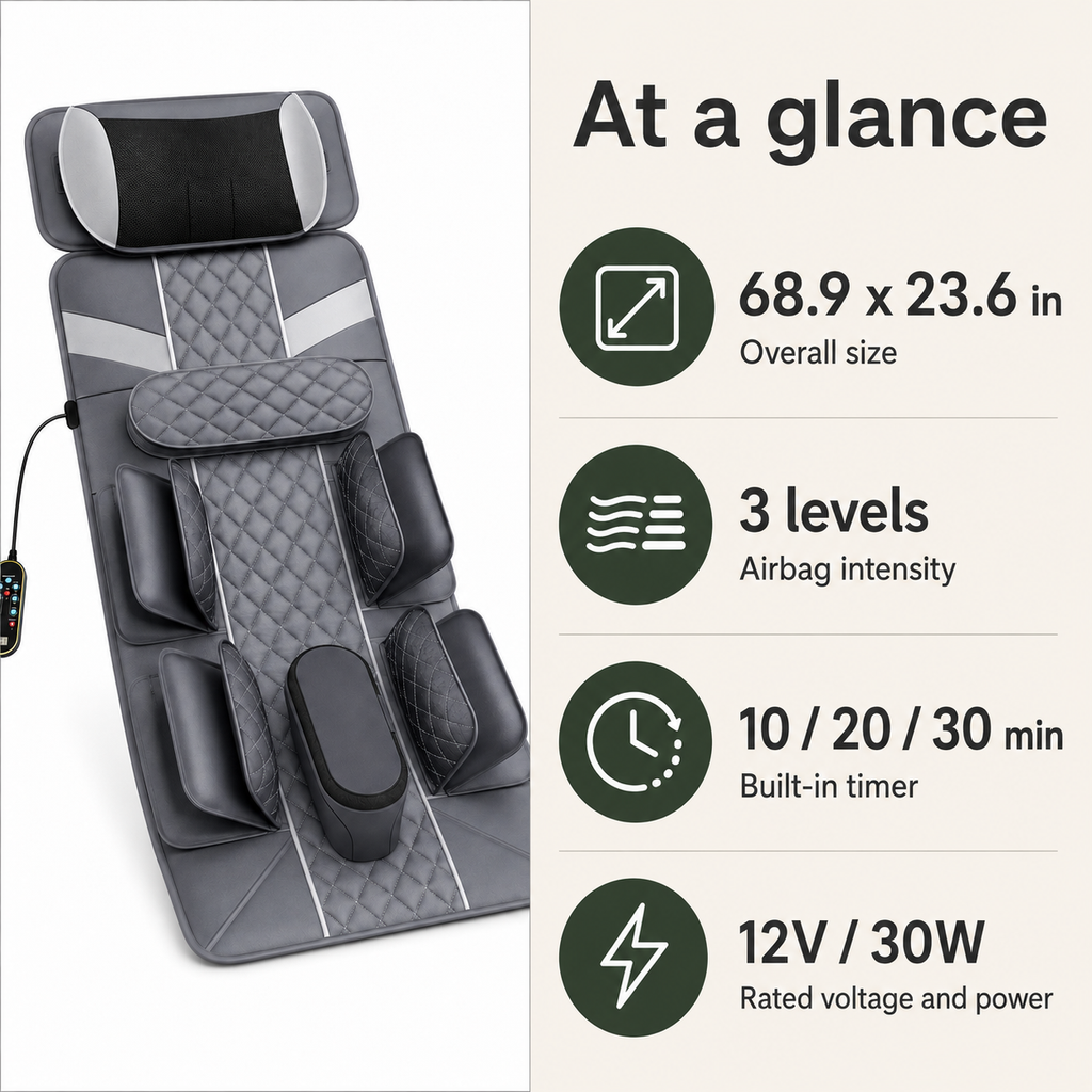 Full Body Massage Mat with Air Compression Stretching, Neck Kneading, Heat, Vibration & Wired Remote Control