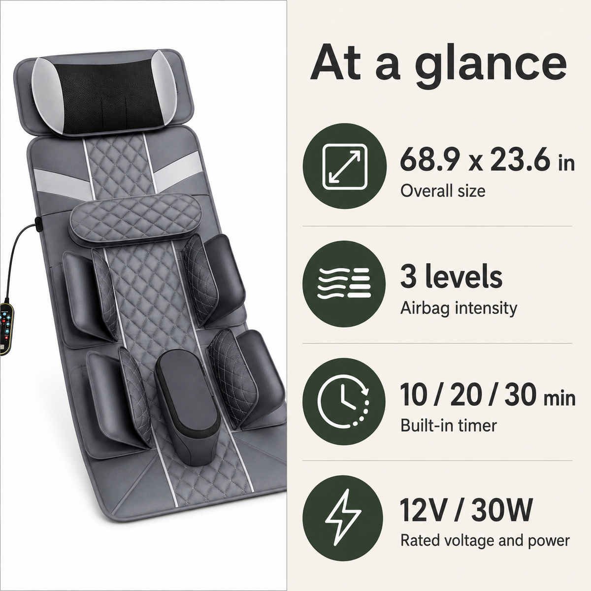 Full Body Massage Mat with Air Compression Stretching, Neck Kneading, Heat, Vibration & Wired Remote Control