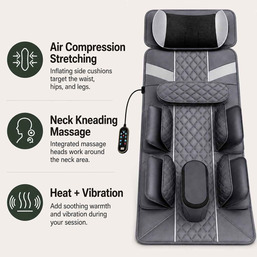 Full Body Massage Mat with Air Compression Stretching, Neck Kneading, Heat, Vibration & Wired Remote Control