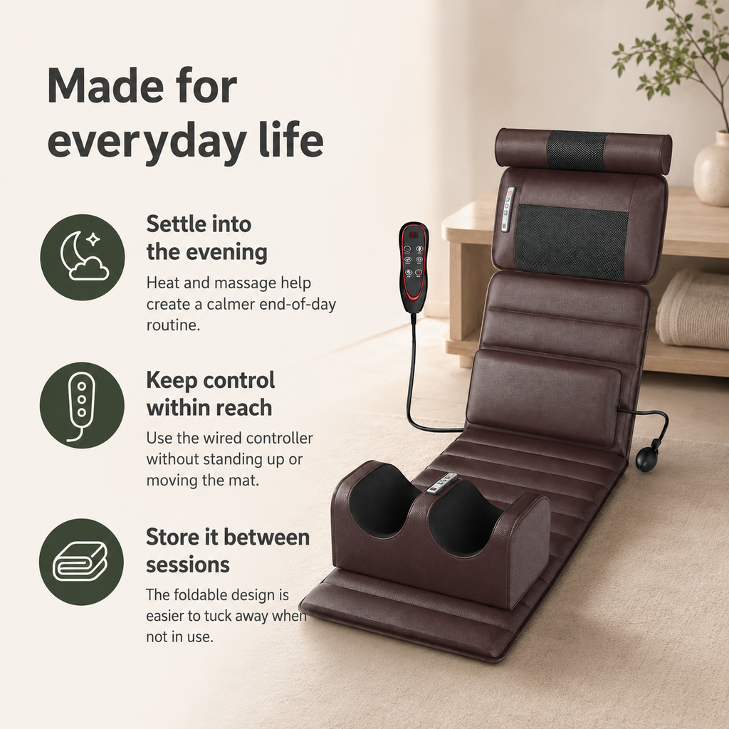Full Body Massage Mat with Heat, Neck & Foot Kneading, Vibration, Wired Controller and Inflatable Lumbar Support