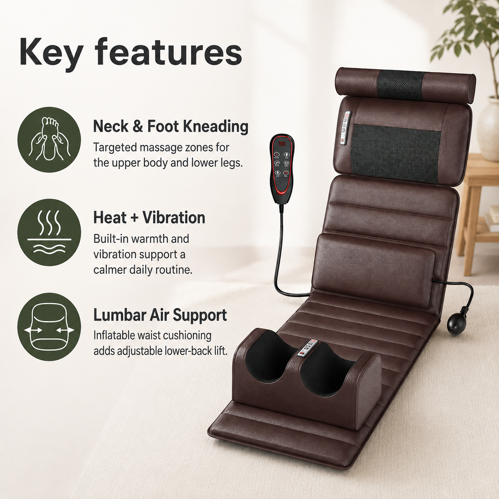 Full Body Massage Mat with Heat, Neck & Foot Kneading, Vibration, Wired Controller and Inflatable Lumbar Support
