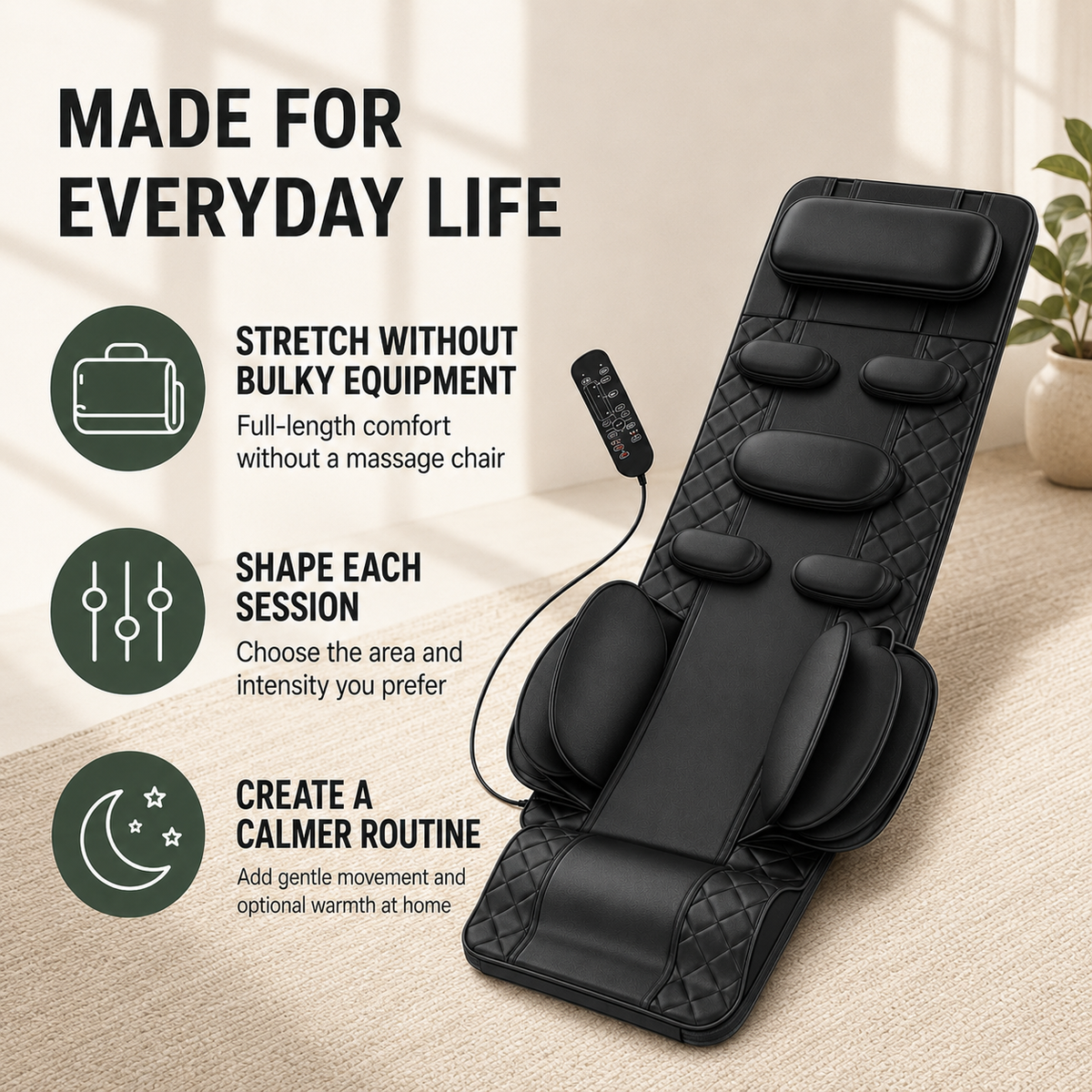 Full Body Stretching Massage Mat with Heat and 3D Air Compression, 4 Modes, 3 Intensities, Foldable Design